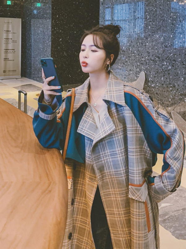 Kontrastvärv ruuduline lapikujuline kraavi keskmise pikkusega mantel Kevad-sügis Naiste Tuulejope šikk riided Naiste Trench Jope Välisrõivad