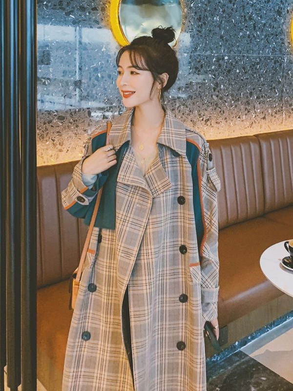 Kontrastvärv ruuduline lapikujuline kraavi keskmise pikkusega mantel Kevad-sügis Naiste Tuulejope šikk riided Naiste Trench Jope Välisrõivad