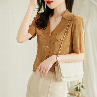 Γαλλικό κομψό κοντομάνικο πουλόβερ Ζακέτα Ice Silk μονόχρωμο πλεκτό με λαιμόκοψη V γυναικείο πουκάμισο με λεπτό κουμπιά κάτω