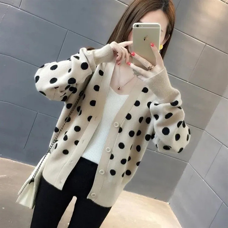 Kratki pleteni kardigan s ispisom točkica Ženski vintage veste s V-izrezom i jakne s dugim rukavima Modni ležerni divlji kaput proljeće jesen