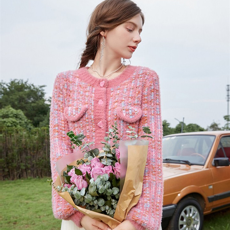 Dizajnerski pulover Korejski modni kratki pleteni kardigan Elegantni mali mirisni kaput Ljubičasti pulover Jesensko-zimski slatki top