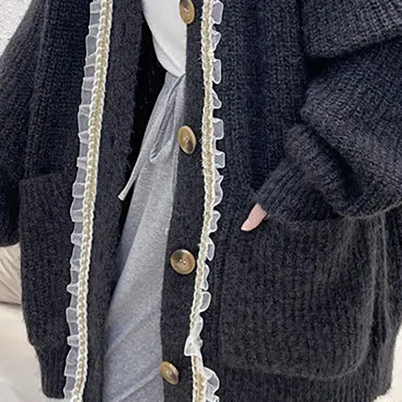 2022 Νέο Φθινοπωρινό Χειμώνα Πλεκτό Πλεκτό Ζακέτα Γυναικείο Παλτό Πουλόβερ τσέπης Χαλαρό Κορεάτικο Στιλ Μπουφάν Lace Edge Splice