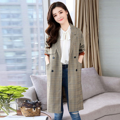 YASUGUOJI Novi ležerni sivi karirani trenč kaput za proljeće 2023. Ženska labava klasična poslovna gornja odjeća Ženska vjetrovka s dvostrukim kopčanjem