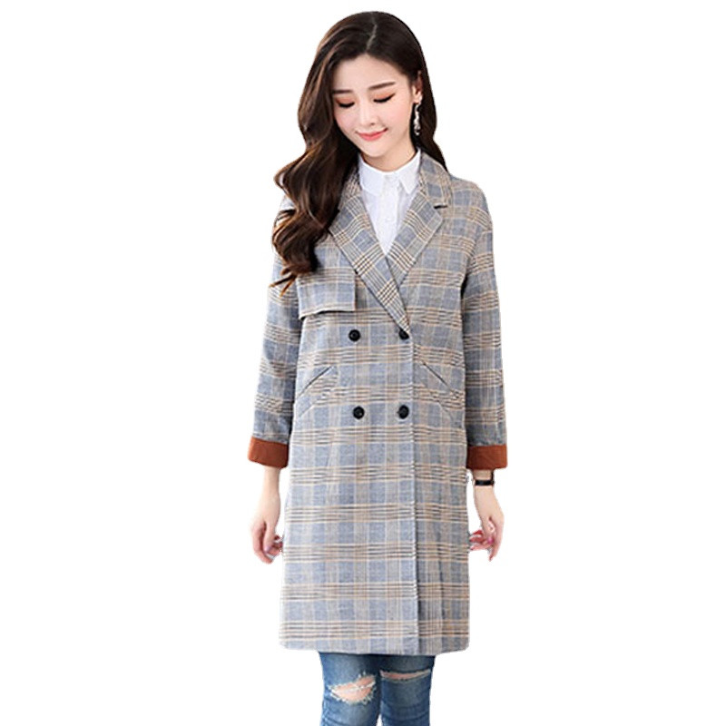 YASUGUOJI Novi ležerni sivi karirani trenč kaput za proljeće 2023. Ženska labava klasična poslovna gornja odjeća Ženska vjetrovka s dvostrukim kopčanjem