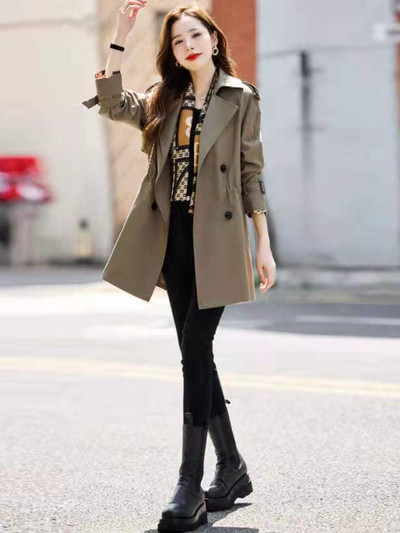 Trench-mantel naistele, uus kevad-sügis 2023, tugev keskmise pikkusega jakk, pikkade varrukatega kaherealine sügisene naisteriiete trenn