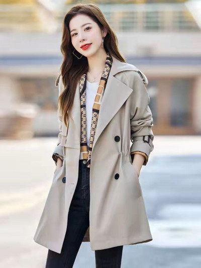 Trench-mantel naistele, uus kevad-sügis 2023, tugev keskmise pikkusega jakk, pikkade varrukatega kaherealine sügisene naisteriiete trenn