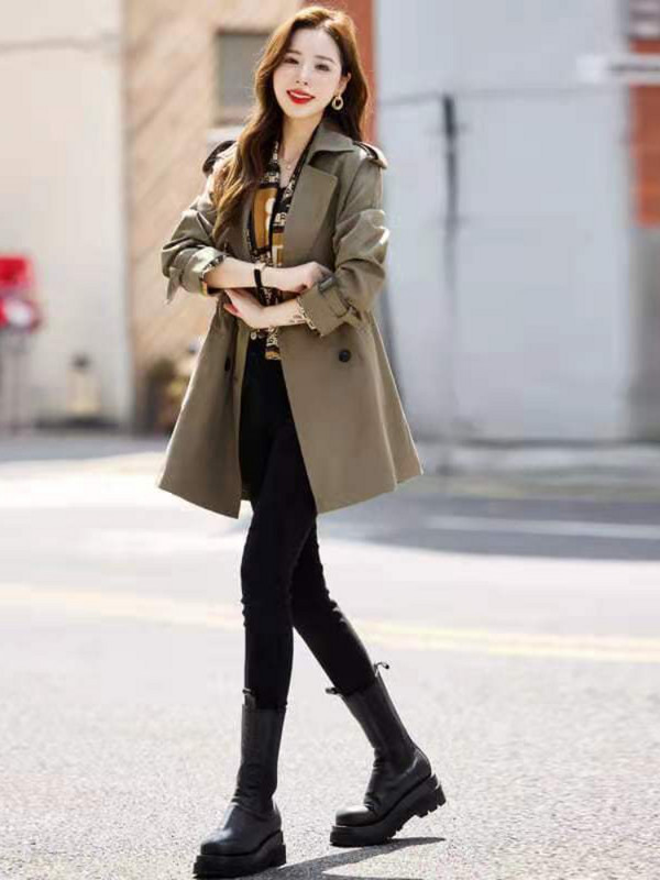 Trench-mantel naistele, uus kevad-sügis 2023, tugev keskmise pikkusega jakk, pikkade varrukatega kaherealine sügisene naisteriiete trenn