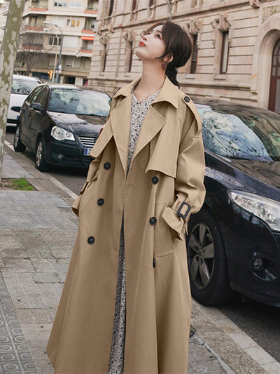 Vintage V λαιμόκοψη με διπλό στήθος αντιανεμικό γυναικείο παλτό 2022 Casual μονόχρωμο Slim Fit μακριά παλτό Κομψή καμπαρντίνα για γυναίκες