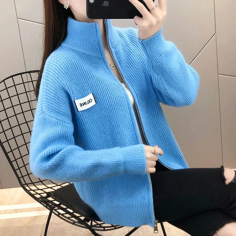 Proljeće jesen Ležerna pletena kratka jakna s patentnim zatvaračem s visokim ovratnikom Ženska modna mekana pulover dugih rukava Divlji kardigan Top pletivo