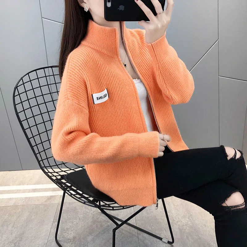 Proljeće jesen Ležerna pletena kratka jakna s patentnim zatvaračem s visokim ovratnikom Ženska modna mekana pulover dugih rukava Divlji kardigan Top pletivo