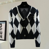 Ανοιξιάτικο φθινόπωρο Vintage πλεκτό πουλόβερ με χάντρες Casual Fashion καρό Floral πλεκτό μπουφάν Κορεατική μόδα Loose Jacket Cardigan