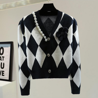 Ανοιξιάτικο φθινόπωρο Vintage πλεκτό πουλόβερ με χάντρες Casual Fashion καρό Floral πλεκτό μπουφάν Κορεατική μόδα Loose Jacket Cardigan