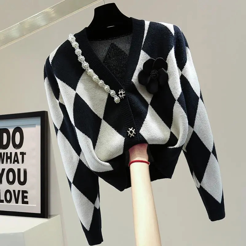 Ανοιξιάτικο φθινόπωρο Vintage πλεκτό πουλόβερ με χάντρες Casual Fashion καρό Floral πλεκτό μπουφάν Κορεατική μόδα Loose Jacket Cardigan