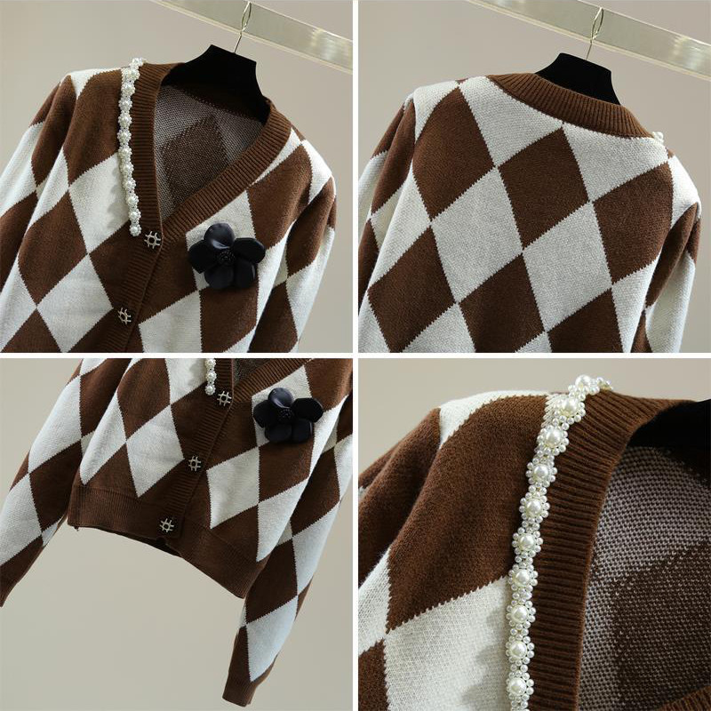 Ανοιξιάτικο φθινόπωρο Vintage πλεκτό πουλόβερ με χάντρες Casual Fashion καρό Floral πλεκτό μπουφάν Κορεατική μόδα Loose Jacket Cardigan