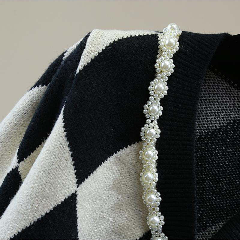 Ανοιξιάτικο φθινόπωρο Vintage πλεκτό πουλόβερ με χάντρες Casual Fashion καρό Floral πλεκτό μπουφάν Κορεατική μόδα Loose Jacket Cardigan