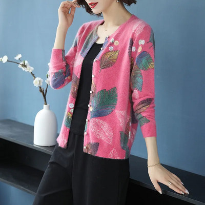 Pulover tricotat Cardigan Femei Elegant O Gât cu mânecă lungă Palton subțire lejer Toamna Iarnă Moda Top cu imprimeu de flori Plus Size Femal
