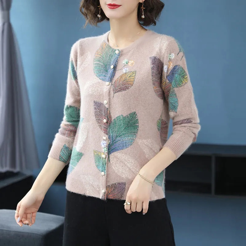 Πλεκτή ζακέτα Γυναικεία πουλόβερ Κομψό O λαιμό μακρυμάνικο φαρδύ λεπτό παλτό Φθινοπωρινή χειμωνιάτικη μόδα λουλούδι στάμπα Top Plus Size Γυναικείο