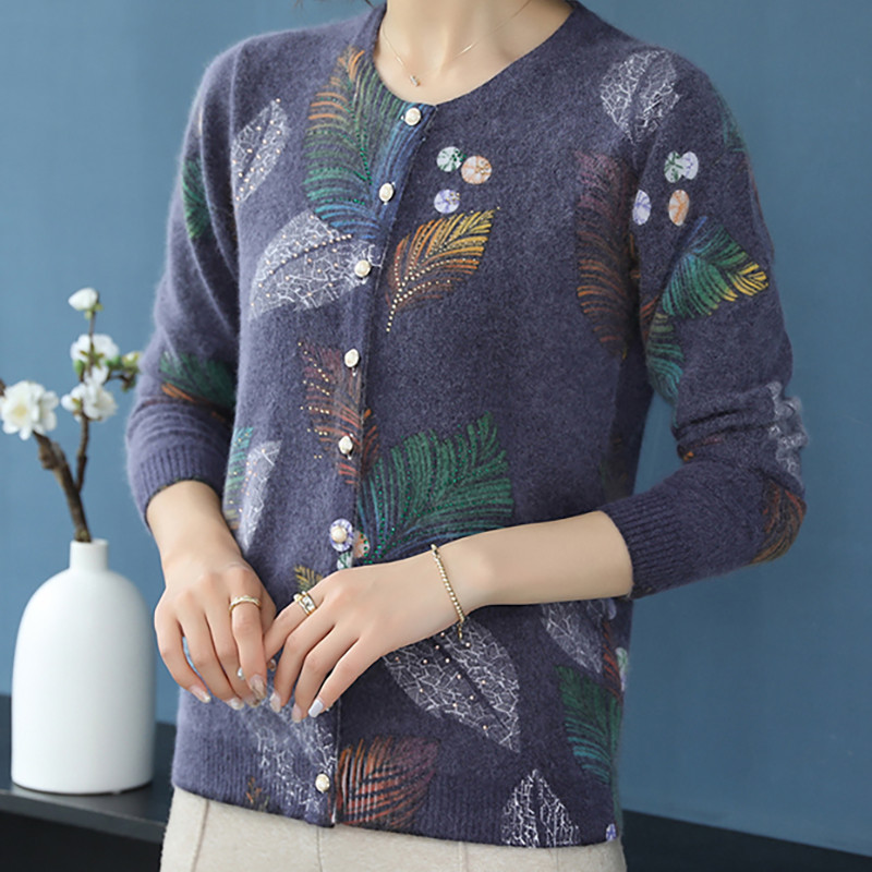 Πλεκτή ζακέτα Γυναικεία πουλόβερ Κομψό O λαιμό μακρυμάνικο φαρδύ λεπτό παλτό Φθινοπωρινή χειμωνιάτικη μόδα λουλούδι στάμπα Top Plus Size Γυναικείο