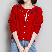 Πλεκτό Ζακέτα Γυναικεία Πουλόβερ Plus Size Κεντημένο Φαρδύ μακρυμάνικο παλτό Κομψό κοντό μπλουζάκι με λαιμόκοψη σε Ο, μονό στήθος