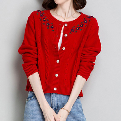 Πλεκτό Ζακέτα Γυναικεία Πουλόβερ Plus Size Κεντημένο Φαρδύ μακρυμάνικο παλτό Κομψό κοντό μπλουζάκι με λαιμόκοψη σε Ο, μονό στήθος