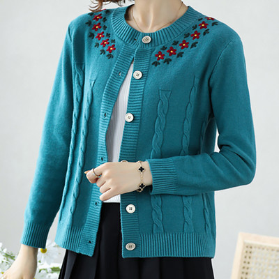 Πλεκτό Ζακέτα Γυναικεία Πουλόβερ Plus Size Κεντημένο Φαρδύ μακρυμάνικο παλτό Κομψό κοντό μπλουζάκι με λαιμόκοψη σε Ο, μονό στήθος