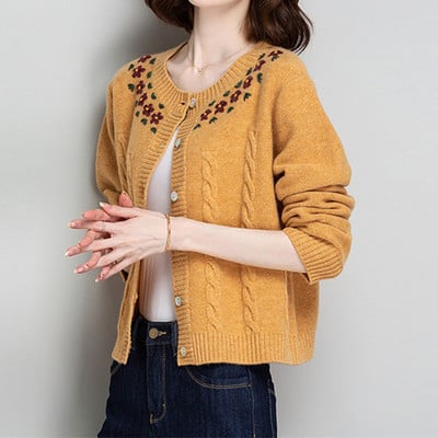 Πλεκτό Ζακέτα Γυναικεία Πουλόβερ Plus Size Κεντημένο Φαρδύ μακρυμάνικο παλτό Κομψό κοντό μπλουζάκι με λαιμόκοψη σε Ο, μονό στήθος