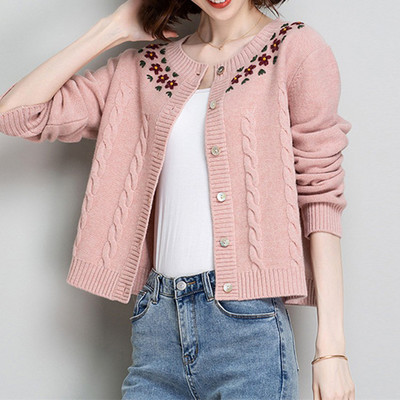 Πλεκτό Ζακέτα Γυναικεία Πουλόβερ Plus Size Κεντημένο Φαρδύ μακρυμάνικο παλτό Κομψό κοντό μπλουζάκι με λαιμόκοψη σε Ο, μονό στήθος