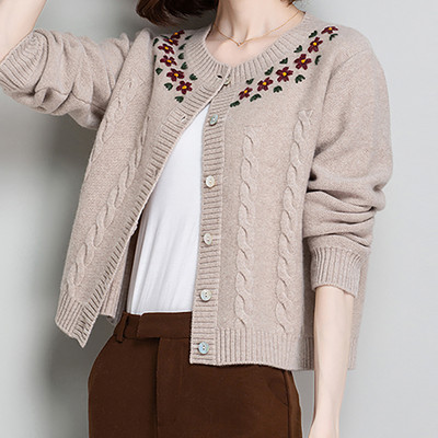 Πλεκτό Ζακέτα Γυναικεία Πουλόβερ Plus Size Κεντημένο Φαρδύ μακρυμάνικο παλτό Κομψό κοντό μπλουζάκι με λαιμόκοψη σε Ο, μονό στήθος