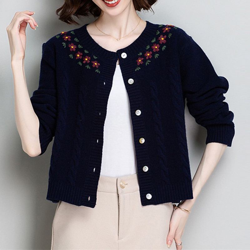 Πλεκτό Ζακέτα Γυναικεία Πουλόβερ Plus Size Κεντημένο Φαρδύ μακρυμάνικο παλτό Κομψό κοντό μπλουζάκι με λαιμόκοψη σε Ο, μονό στήθος