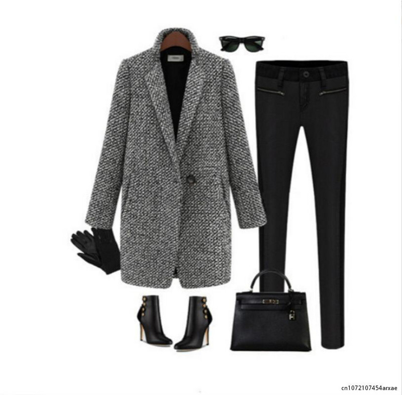 Žieminis paltas, moteriškas „Houndstooth“ vilnonis paltas Madinga medvilnės mišrios kišenės su vienu mygtuku su kišenėmis, viršutiniai moteriški drabužiai