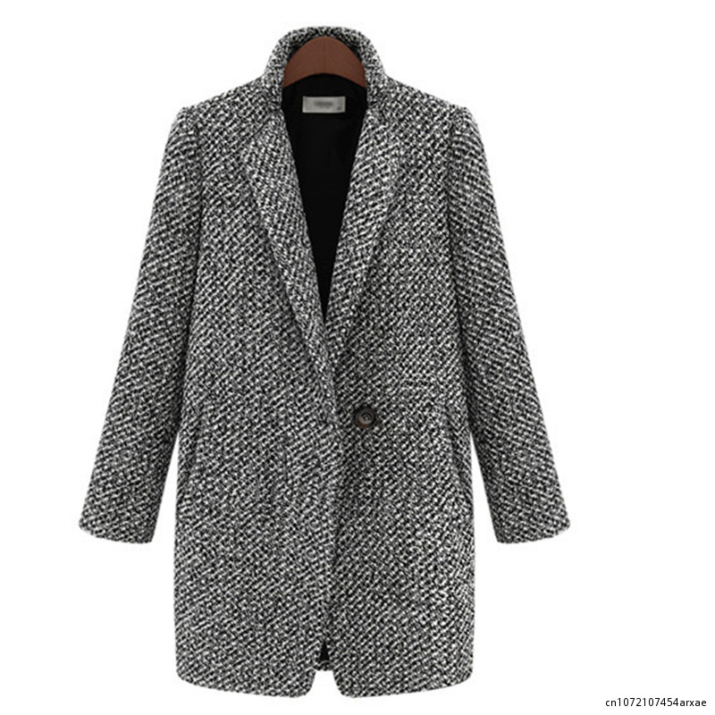 Žieminis paltas, moteriškas „Houndstooth“ vilnonis paltas Madinga medvilnės mišrios kišenės su vienu mygtuku su kišenėmis, viršutiniai moteriški drabužiai