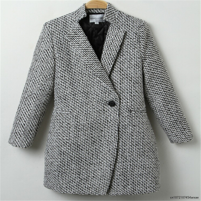 Žieminis paltas, moteriškas „Houndstooth“ vilnonis paltas Madinga medvilnės mišrios kišenės su vienu mygtuku su kišenėmis, viršutiniai moteriški drabužiai