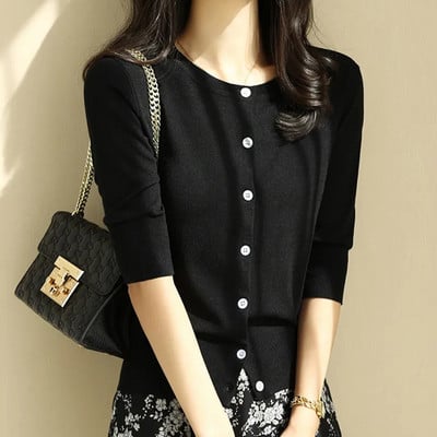 Κορεάτικη μόδα Ice Silk Λεπτό γυναικείο πουλόβερ Κομψή απλή μαύρη ζακέτα καλοκαιρινή νέα λεπτή εφαρμογή με μισό μανίκι πλεκτό μπλουζάκι με στρογγυλή λαιμόκοψη