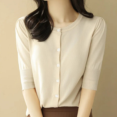 Κορεάτικη μόδα Ice Silk Λεπτό γυναικείο πουλόβερ Κομψή απλή μαύρη ζακέτα καλοκαιρινή νέα λεπτή εφαρμογή με μισό μανίκι πλεκτό μπλουζάκι με στρογγυλή λαιμόκοψη