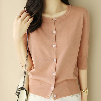 Κορεάτικη μόδα Ice Silk Λεπτό γυναικείο πουλόβερ Κομψή απλή μαύρη ζακέτα καλοκαιρινή νέα λεπτή εφαρμογή με μισό μανίκι πλεκτό μπλουζάκι με στρογγυλή λαιμόκοψη