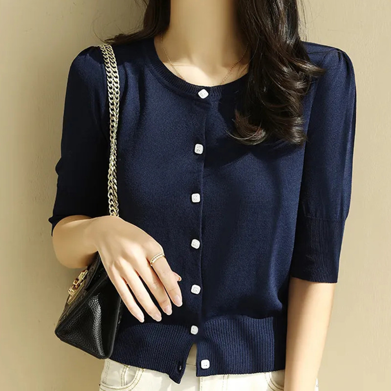 Κορεάτικη μόδα Ice Silk Λεπτό γυναικείο πουλόβερ Κομψή απλή μαύρη ζακέτα καλοκαιρινή νέα λεπτή εφαρμογή με μισό μανίκι πλεκτό μπλουζάκι με στρογγυλή λαιμόκοψη