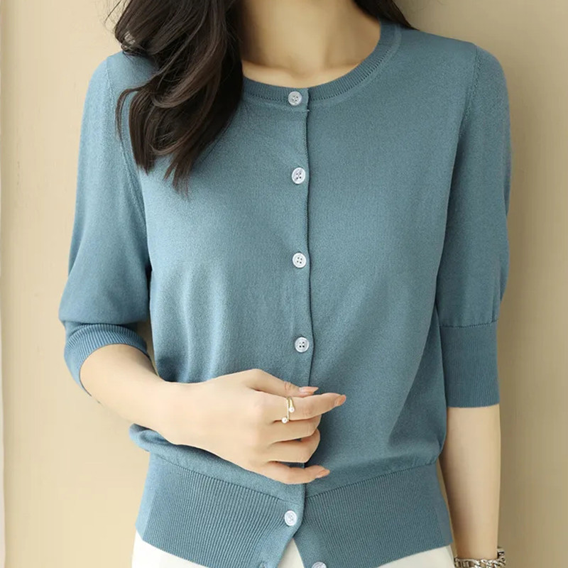 Κορεάτικη μόδα Ice Silk Λεπτό γυναικείο πουλόβερ Κομψή απλή μαύρη ζακέτα καλοκαιρινή νέα λεπτή εφαρμογή με μισό μανίκι πλεκτό μπλουζάκι με στρογγυλή λαιμόκοψη