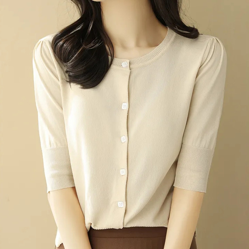 Κορεάτικη μόδα Ice Silk Λεπτό γυναικείο πουλόβερ Κομψή απλή μαύρη ζακέτα καλοκαιρινή νέα λεπτή εφαρμογή με μισό μανίκι πλεκτό μπλουζάκι με στρογγυλή λαιμόκοψη