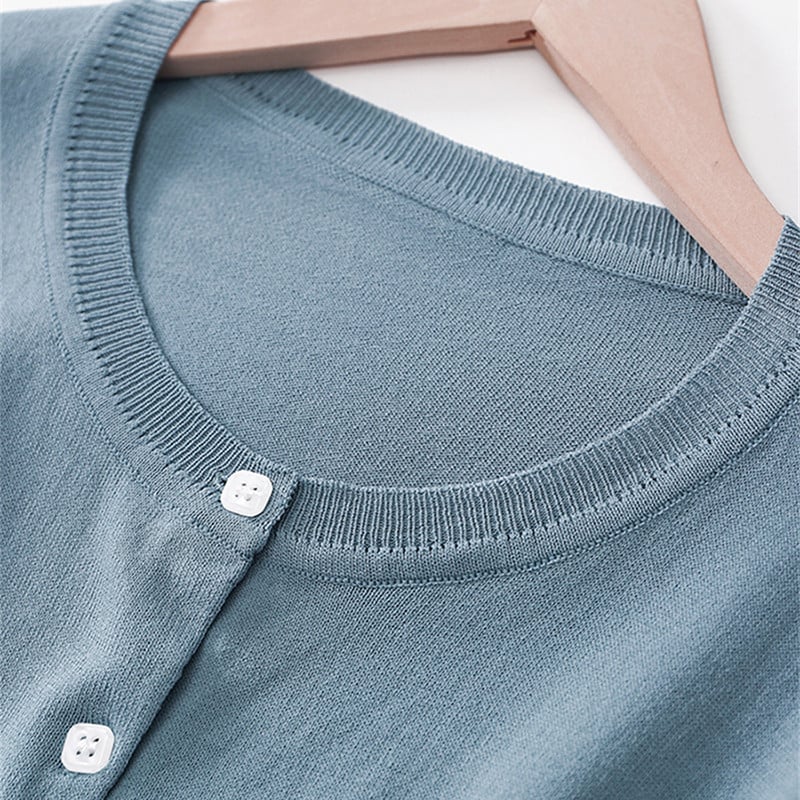 Κορεάτικη μόδα Ice Silk Λεπτό γυναικείο πουλόβερ Κομψή απλή μαύρη ζακέτα καλοκαιρινή νέα λεπτή εφαρμογή με μισό μανίκι πλεκτό μπλουζάκι με στρογγυλή λαιμόκοψη