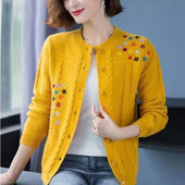 Kevad-sügis suures suuruses lahtine kootud kardigan vabaaja mood tikandid kampsun jakk Elegantne kaelusega pikkade varrukatega naiste topp