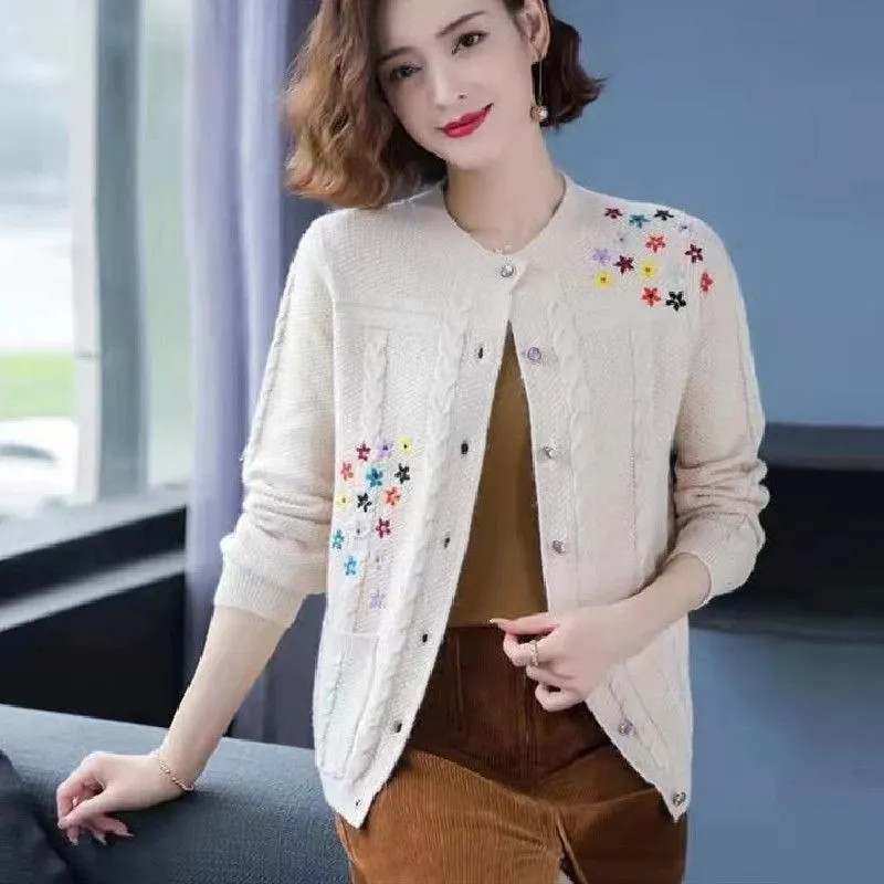 Kevad-sügis suures suuruses lahtine kootud kardigan vabaaja mood tikandid kampsun jakk Elegantne kaelusega pikkade varrukatega naiste topp