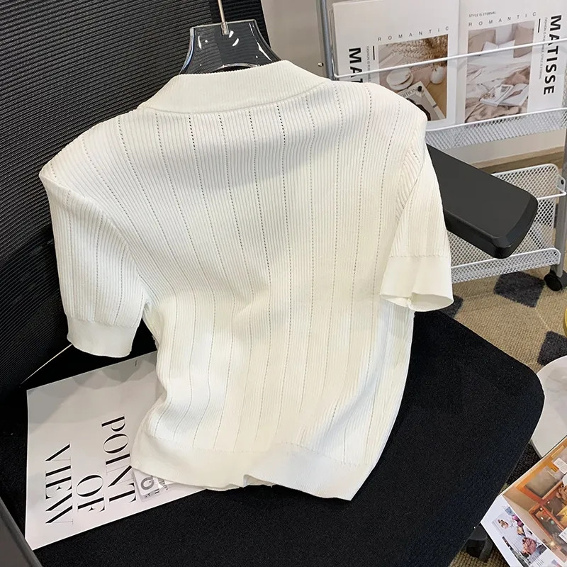 Γυναικεία vintage κοντομάνικη λαιμόκοψη πλεκτή ζακέτα καλοκαιρινή μόδα Μονό στήθος λεπτό πλεκτό Κορεάτικο στυλ casual ρούχα