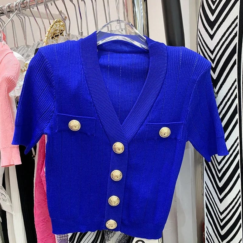 Γυναικεία vintage κοντομάνικη λαιμόκοψη πλεκτή ζακέτα καλοκαιρινή μόδα Μονό στήθος λεπτό πλεκτό Κορεάτικο στυλ casual ρούχα