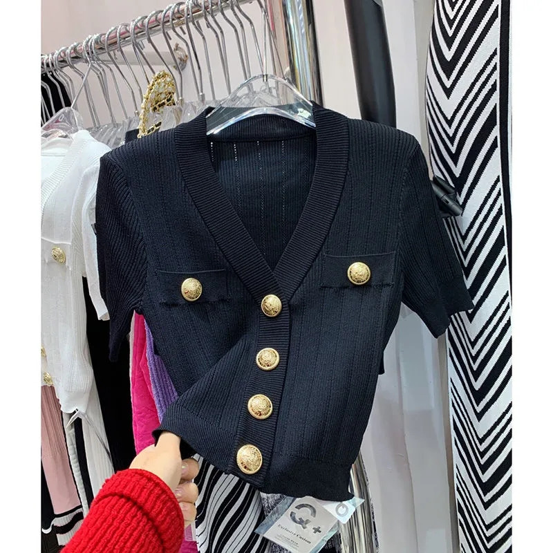 Γυναικεία vintage κοντομάνικη λαιμόκοψη πλεκτή ζακέτα καλοκαιρινή μόδα Μονό στήθος λεπτό πλεκτό Κορεάτικο στυλ casual ρούχα