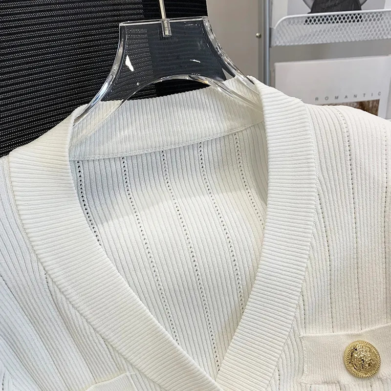 Γυναικεία vintage κοντομάνικη λαιμόκοψη πλεκτή ζακέτα καλοκαιρινή μόδα Μονό στήθος λεπτό πλεκτό Κορεάτικο στυλ casual ρούχα