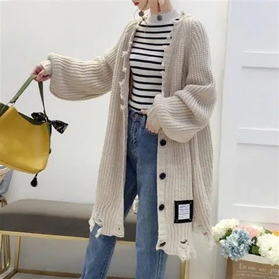 Σχέδιο Τρύπες Πουλόβερ Γυναικεία Παλτό Φθινόπωρο Χειμώνας Casual Single Breasted Loose Knitted Cardigan Trend Harajuku Γυναικεία Midi μπουφάν