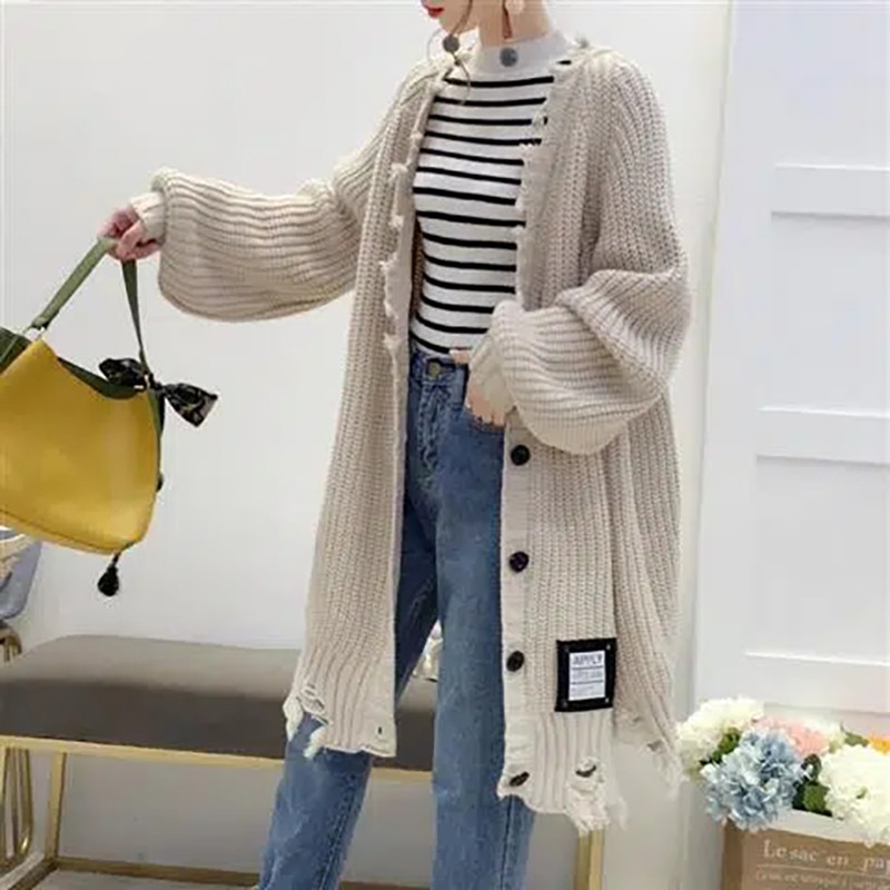 Σχέδιο Τρύπες Πουλόβερ Γυναικεία Παλτό Φθινόπωρο Χειμώνας Casual Single Breasted Loose Knitted Cardigan Trend Harajuku Γυναικεία Midi μπουφάν