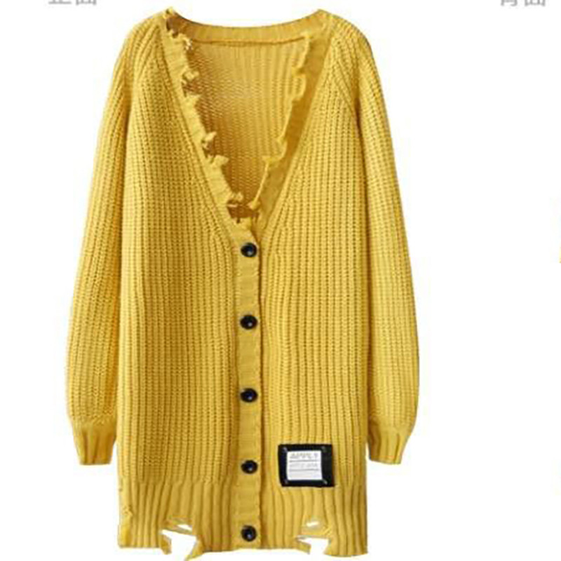 Σχέδιο Τρύπες Πουλόβερ Γυναικεία Παλτό Φθινόπωρο Χειμώνας Casual Single Breasted Loose Knitted Cardigan Trend Harajuku Γυναικεία Midi μπουφάν