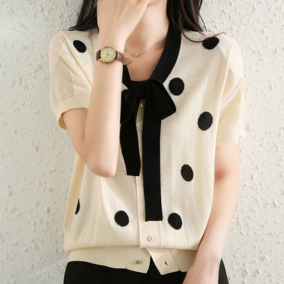 Ljetni ženski korejski modni kardigan s točkicama kratkih rukava i mašnom s V-izrezom Ice svileni tanki pleteni pulover Elegantna retro ženska majica