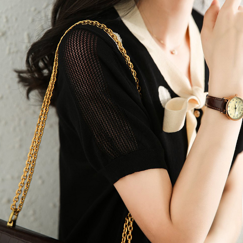 Ljetni ženski korejski modni kardigan s točkicama kratkih rukava i mašnom s V-izrezom Ice svileni tanki pleteni pulover Elegantna retro ženska majica